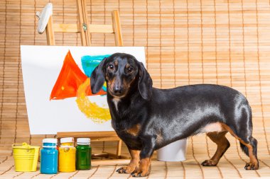 Dachshund sanatçı şövale onun başyapıtı ile yakın
