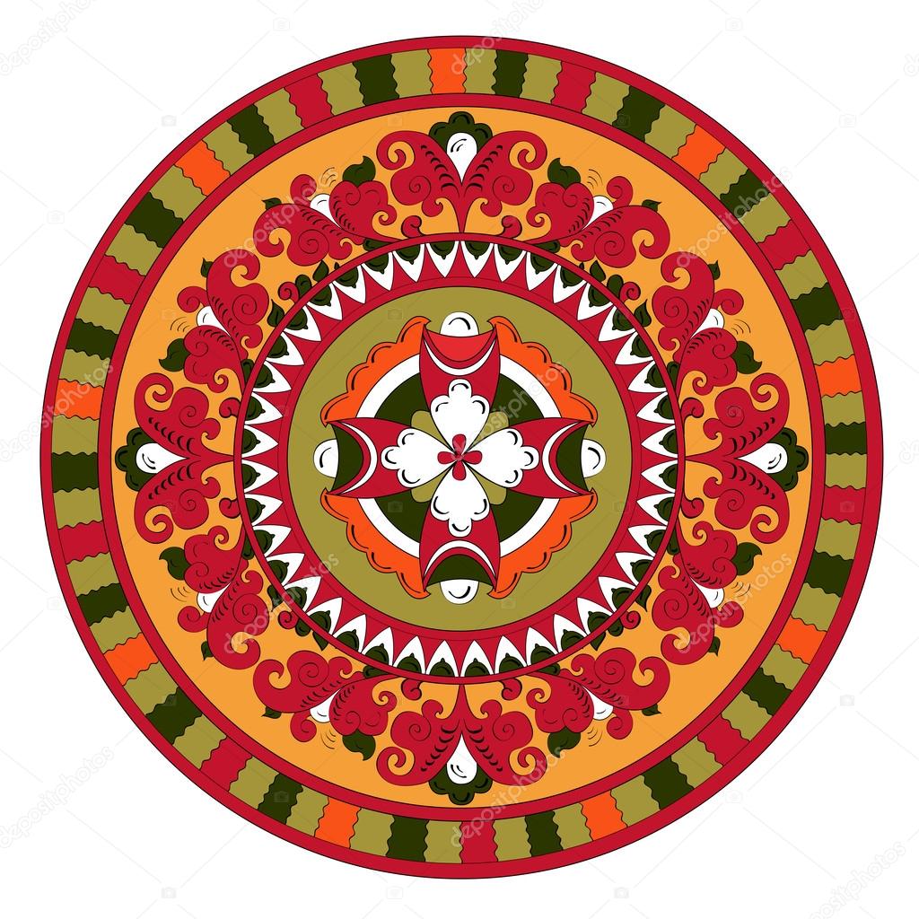 Russian traditional circle ornament with flowers of Severodvinsk region