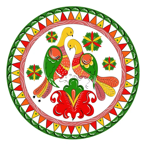 Adorno tradicional ruso con aves paraíso y flores de la región de Severodvinsk — Vector de stock