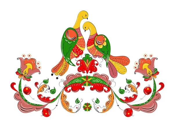 Adorno tradicional ruso con aves paraíso y flores de la región de Severodvinsk — Vector de stock