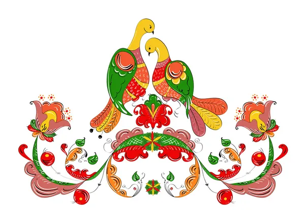 Ornement traditionnel russe avec des oiseaux de paradis et des fleurs de la région de Severodvinsk — Image vectorielle