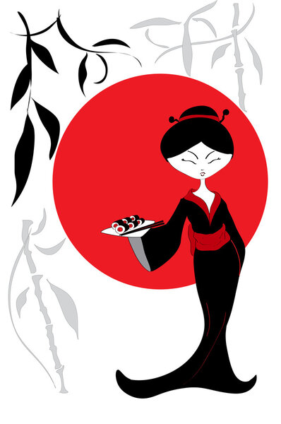 Beautiful Asian girl enjoy sushi, menu template