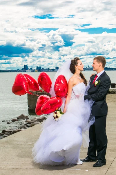 Beautiful bride with groom on seashore — Stock Photo, Image