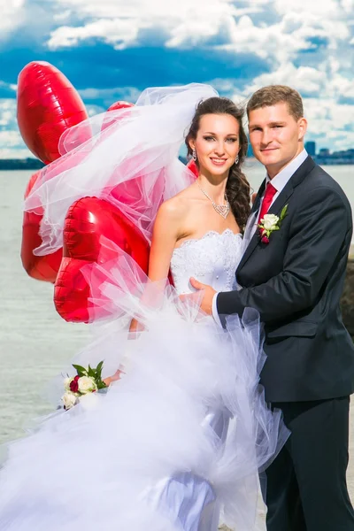 Beautiful bride with groom on seashore — Stock Photo, Image