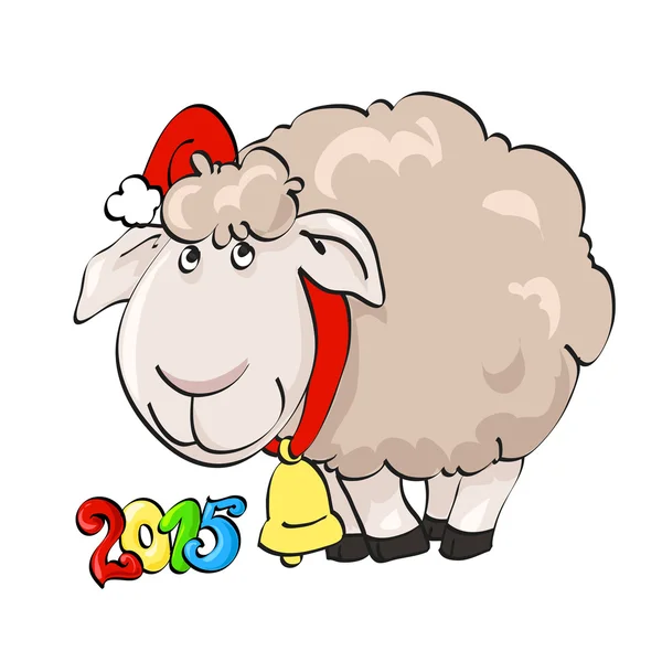 Lovely lamb in Santa's cap with bell — Stock Vector