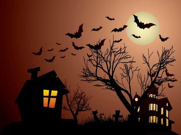 Αποκριές στοιχειωμένο σπίτι, νυχτερίδες και γάτες — Διανυσματικό Αρχείο