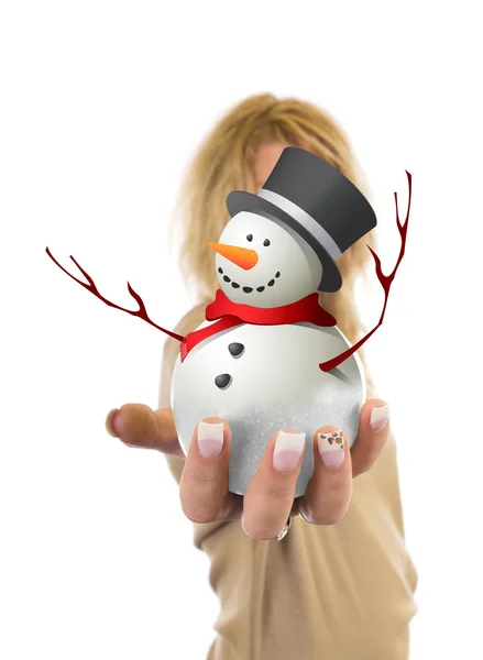 Young girl holds small snowman in hands — Stock Photo, Image