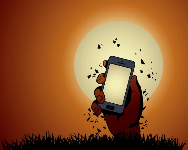 Zombie-Hand hält das Telefon im Mondlicht — Stockvektor