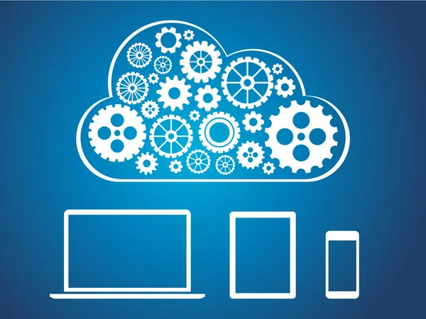 Cloud computing koncepció kialakítása - eszköz is csatlakozik a felhő — Stock Vector