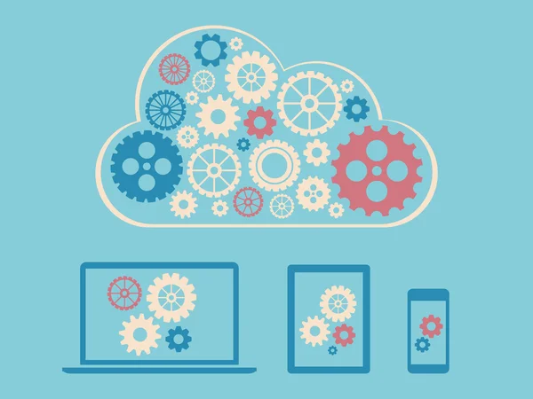 Diseño del concepto de computación en nube: dispositivos conectados a la nube — Vector de stock