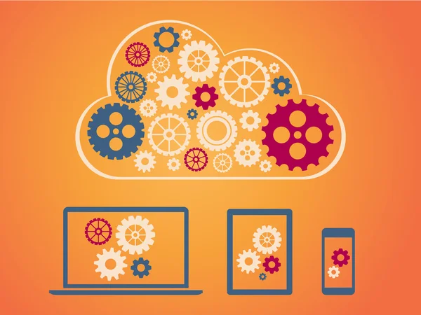 Diseño del concepto de computación en nube: dispositivos conectados a la nube — Vector de stock