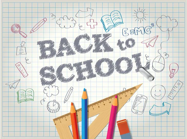 Back to school poster with doodles and pencils — ストックベクタ