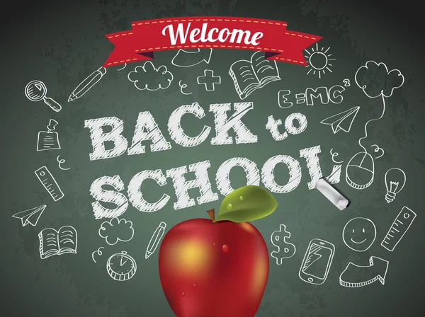 Welkom terug op school met tekst op het schoolbord en apple — Stockvector