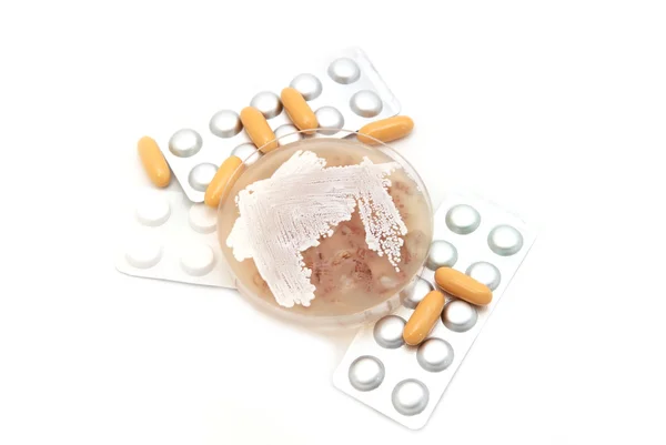 Streptomyces och piller på vit — Stockfoto