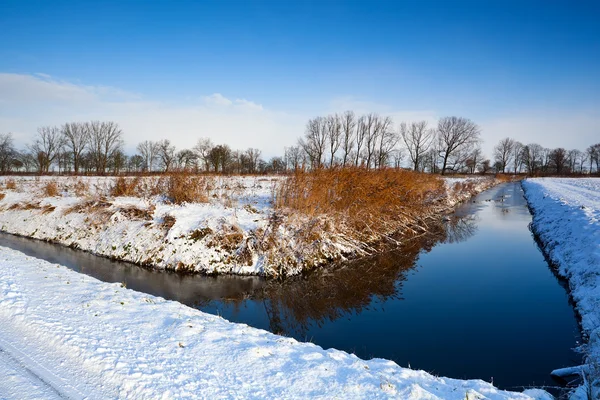 Floden och vita snöklädda ängar — Stockfoto