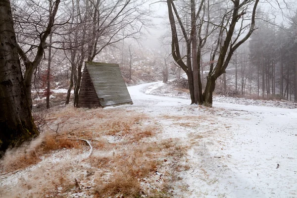 Kışın dağlarda ahşap kulübe — Stok fotoğraf