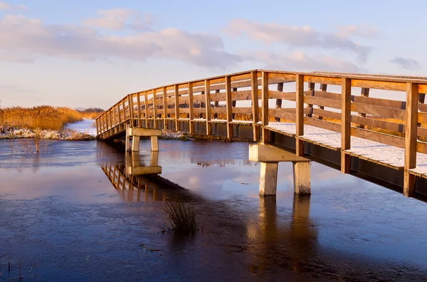 Wooden bridge through frozen river — Stock Photo, Image