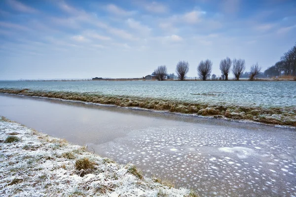 Hollanda tarım arazisi içinde donmuş canal — Stok fotoğraf