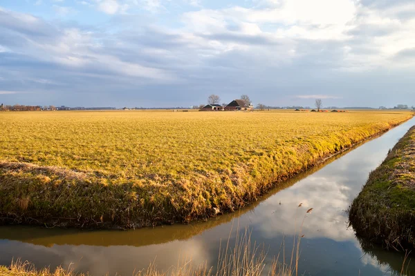 Nederlandse boerderij door rivier voor zonsondergang — Stockfoto