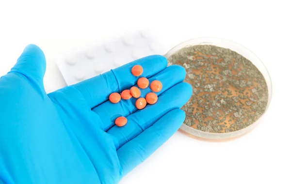 Orange pills on arm in glove and fungi — Stock Photo, Image