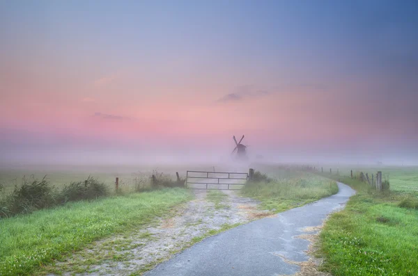 A way to windmill in fog — Stock Photo, Image