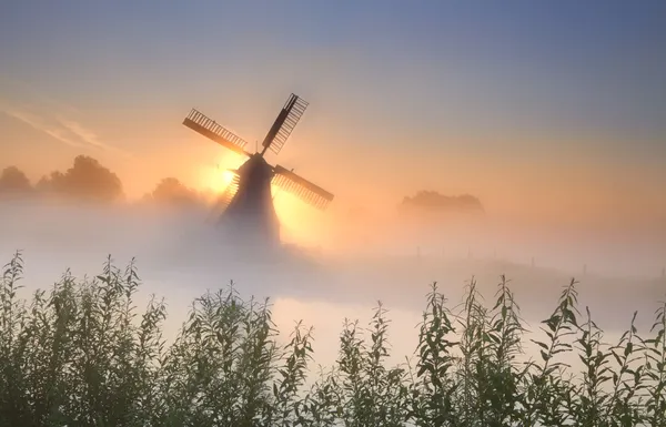 Misty sunrisebehind the windmill — Stock Photo, Image