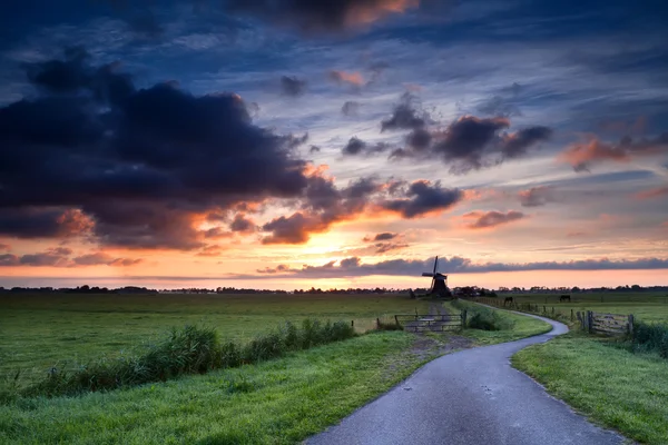 Dramatic summer sunrise over windmill — Stock Photo, Image