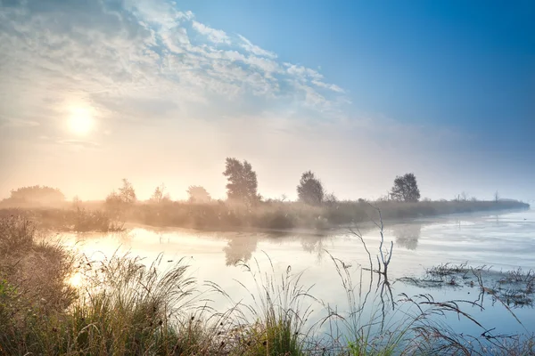 Mglisty wschód słońca nad torfowiska — Zdjęcie stockowe