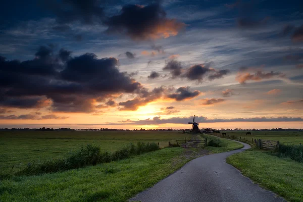 Bike road to windmill at sunrise — Stock Photo, Image