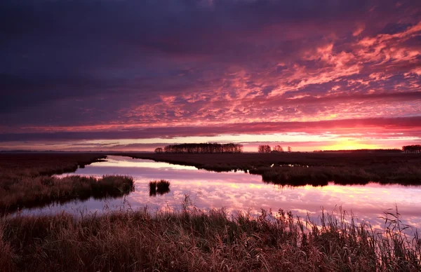 Dramático fuego rojo amanecer sobre el río — Foto de Stock