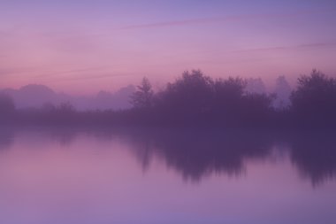 göl günbatımı, yoğun sis içinde ağaçlar