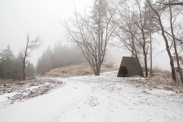 Houten hut in de harz gebergte mistige winter overdag — Stockfoto