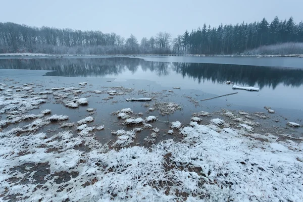 Usvainen pilvinen talviaamu järvellä — kuvapankkivalokuva