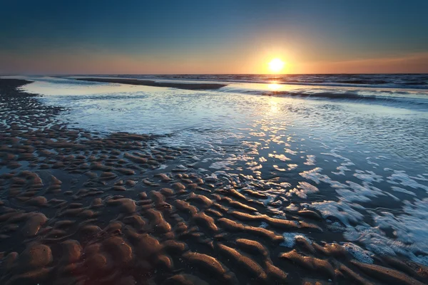 Ouro por do sol sobre praia de areia do mar do Norte na maré baixa — Fotografia de Stock