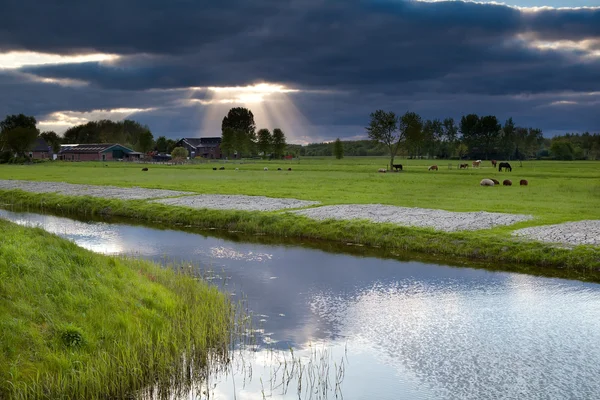 Raggi di sole attraverso il cielo tempesta su terreni agricoli — Foto Stock