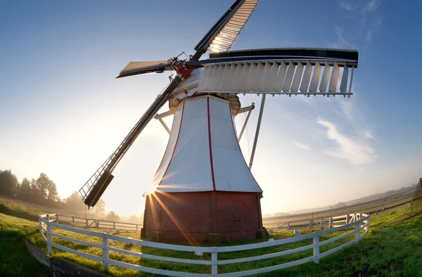 Wide angle view on windmill at sunrise — Stock Photo, Image