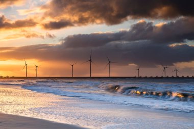 Gün doğumunda deniz dalgaları üzerinde güzel altın güneş ışığı, Zeeland, Hollanda