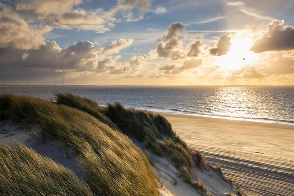 Vista Sulla Spiaggia Del Mare Del Nord Dune Tramonto Paesi — Foto Stock