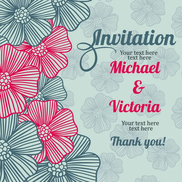 Tarjeta de invitación con flores y patrón sin costuras — Archivo Imágenes Vectoriales