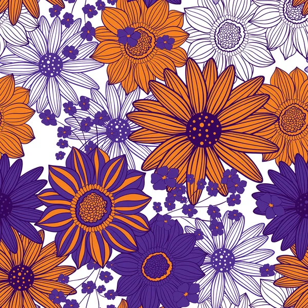 Orange purple seamless floral pattern — Stock Vector