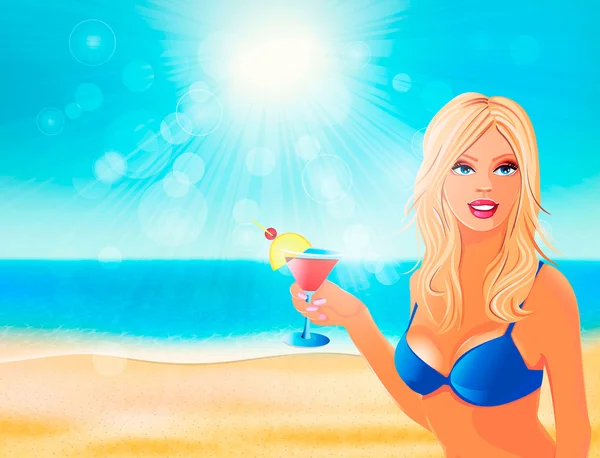 Girl with a glass in hand on the beach — Stock Vector