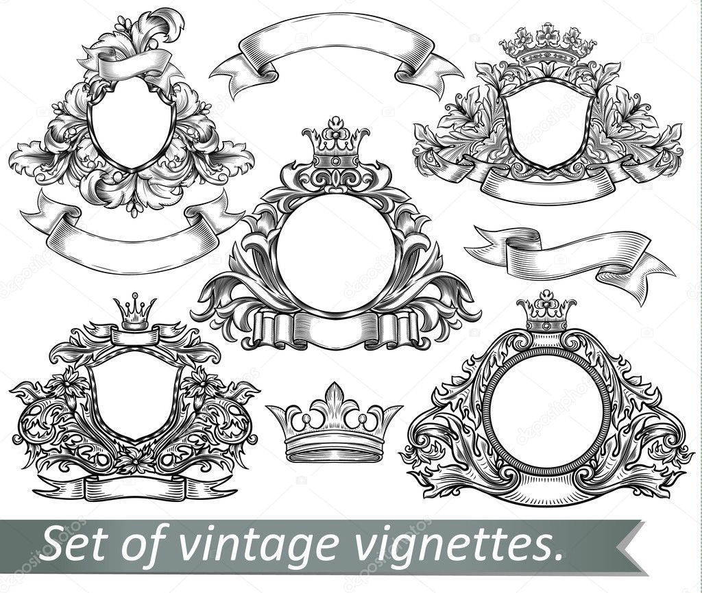 Set of vintage emblem with crowns and ribbons.
