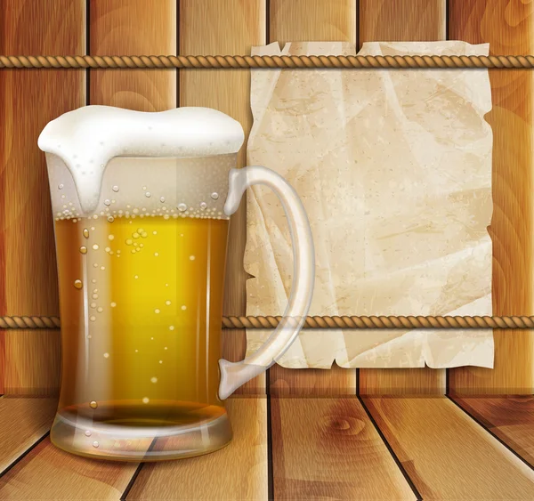 Copo de cerveja e um fundo de madeira —  Vetores de Stock