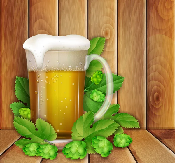 Bière et hop sur un fond en bois — Image vectorielle