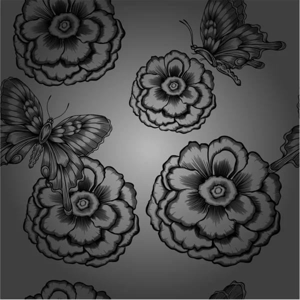 Nahtloses Muster mit dekorativen Blumen und Schmetterlingen — Stockvektor