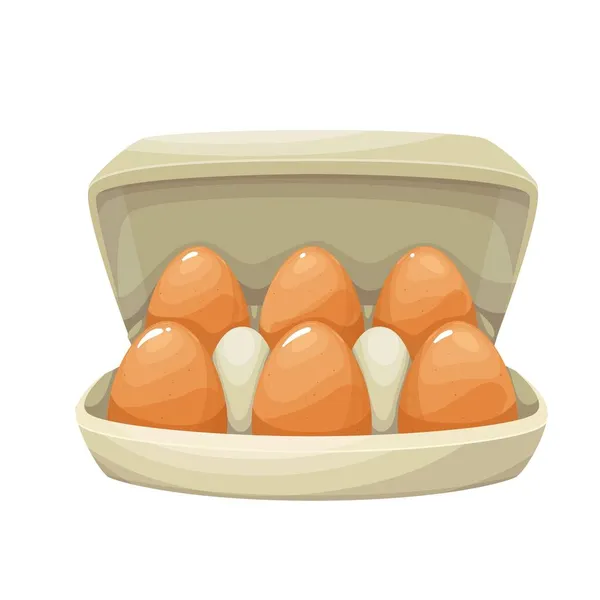 Egg box with six brown chicken eggs, — Stock Vector