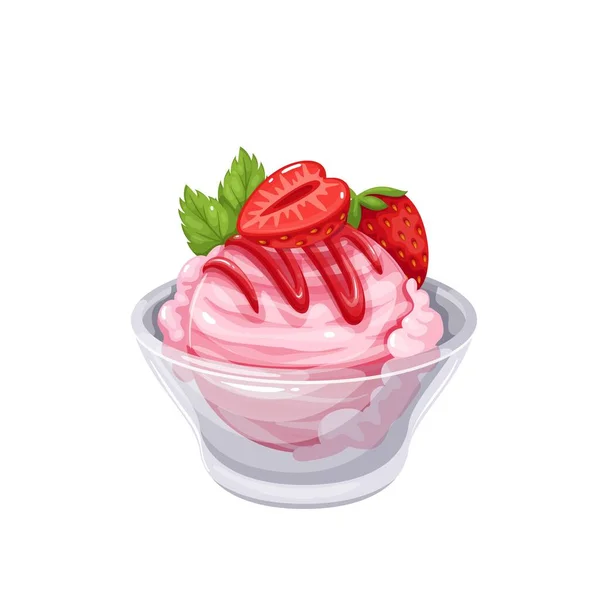 Ice cream with strawberries in glass bowl — Stock Vector