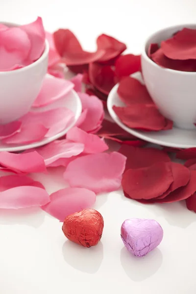 Tazza di caffè e petali di rosa — Foto Stock