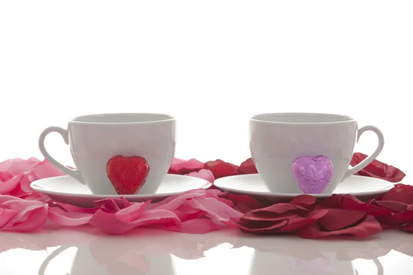 Tazza di caffè e petali di rosa — Foto Stock