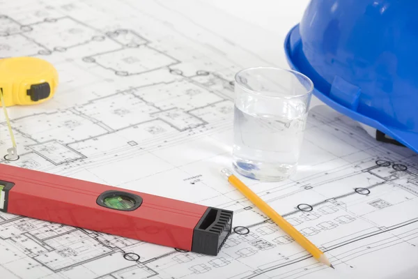 Tools and papers with sketches on the table — Stock Photo, Image